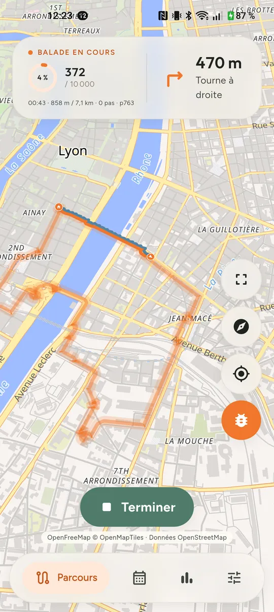 Guidage GPS sur la boucle, avec le prochain virage