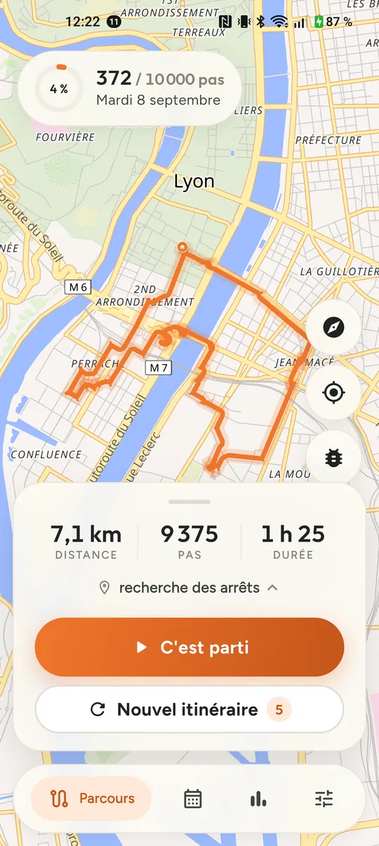 Boucle prête : distance, pas et durée estimés