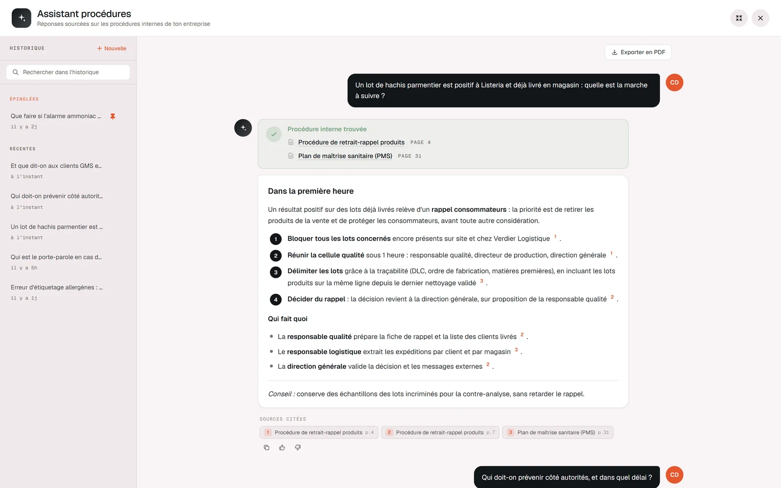 Assistant procédures : réponse sourcée avec le document et la page