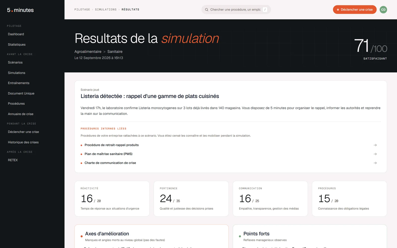 Résultats de la simulation : note de 71 sur 100 et détail par critère