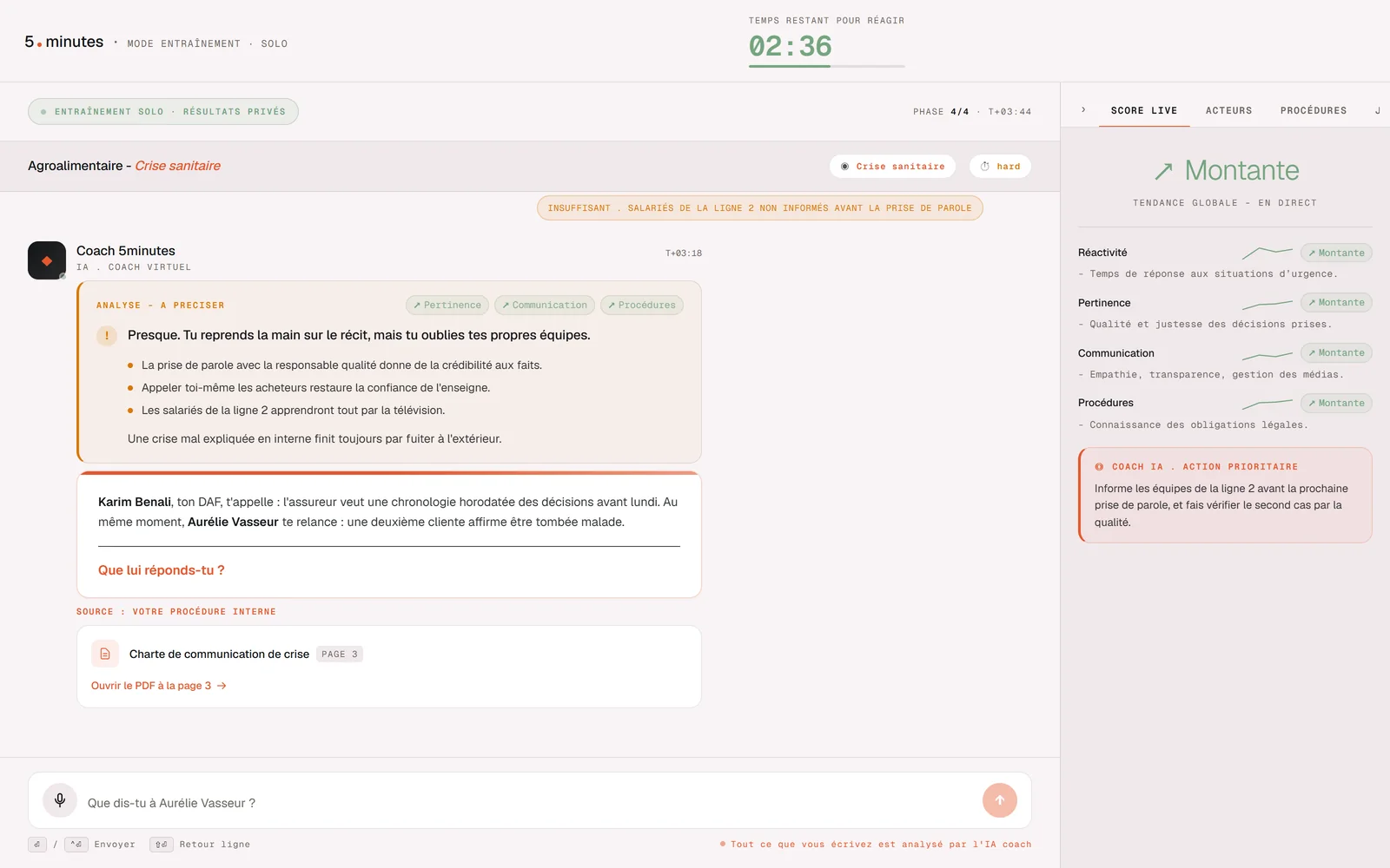 Le coach IA analyse la réponse, le score évolue en direct