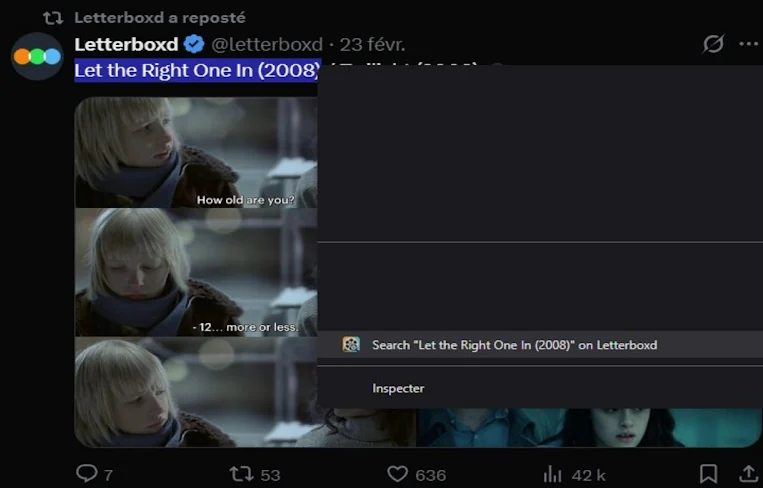 Recherche Letterboxd par clic droit sur un texte sélectionné
