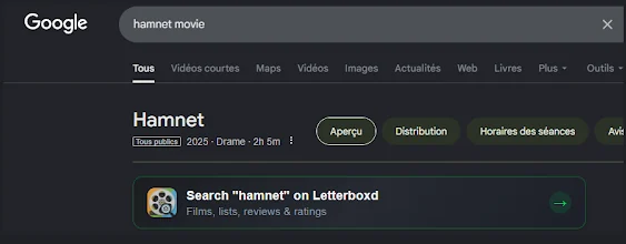 Bannière Letterboxd en tête des résultats Google
