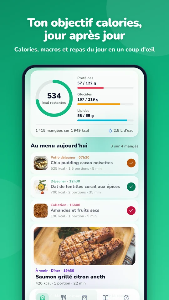 Objectif calories et repas du jour en un coup d'œil