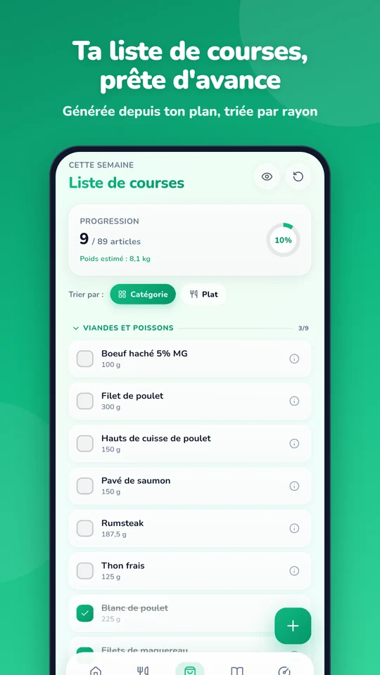 Liste de courses générée depuis le plan et triée par rayon
