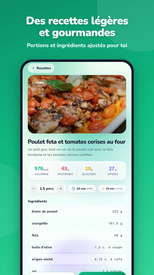 Fiche recette : macros, portions ajustables et ingrédients