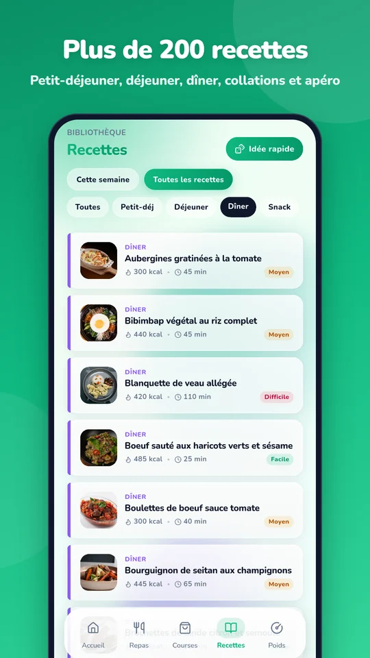 Plus de 200 recettes filtrées par repas